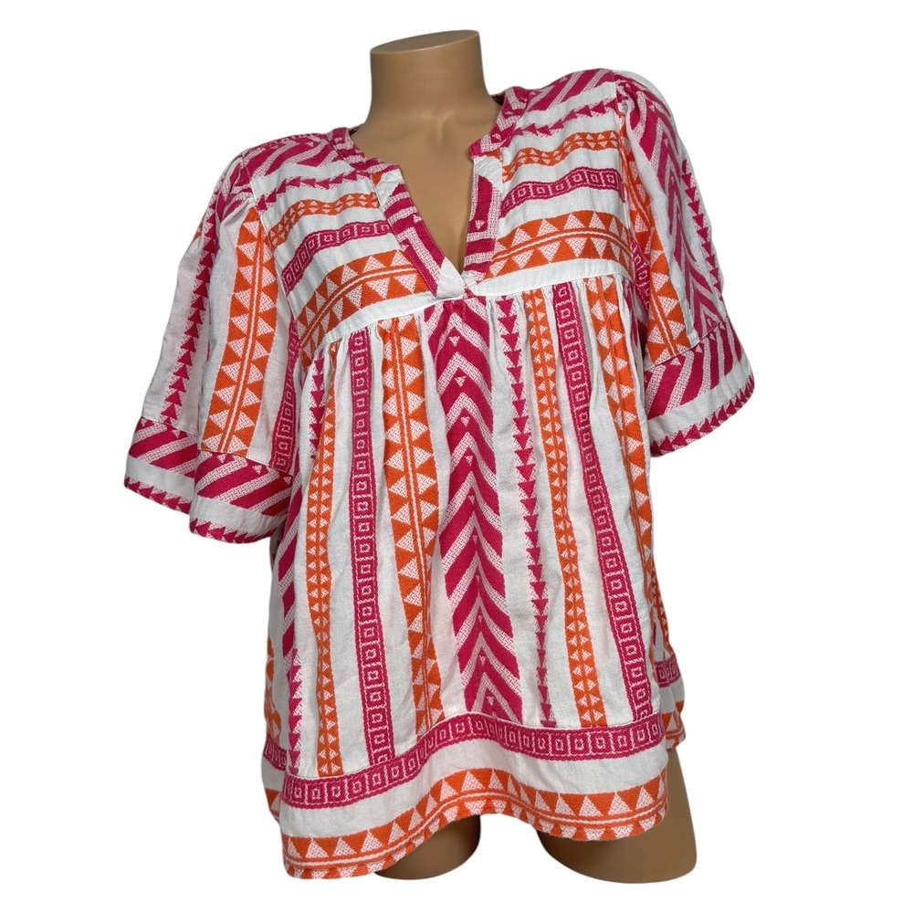 Old Navy Pink Orange Geometric Babydoll Blouse XL Split V-Neck Short Sleeve Top